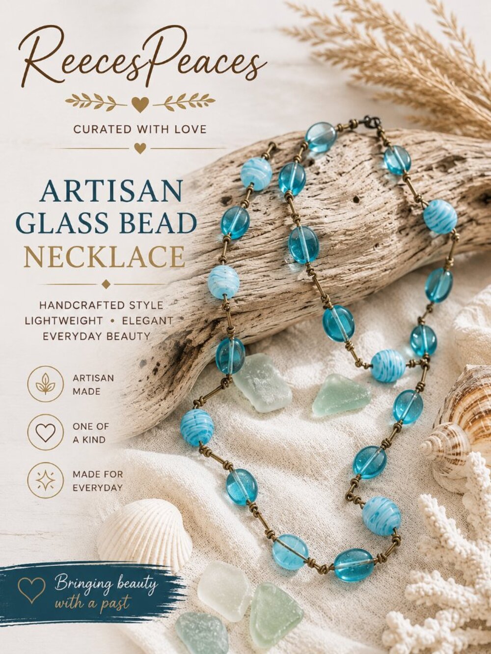 Blue Glass Bead Necklace Hand Linked Rope Coastal Artisan Long Strand Jewelry